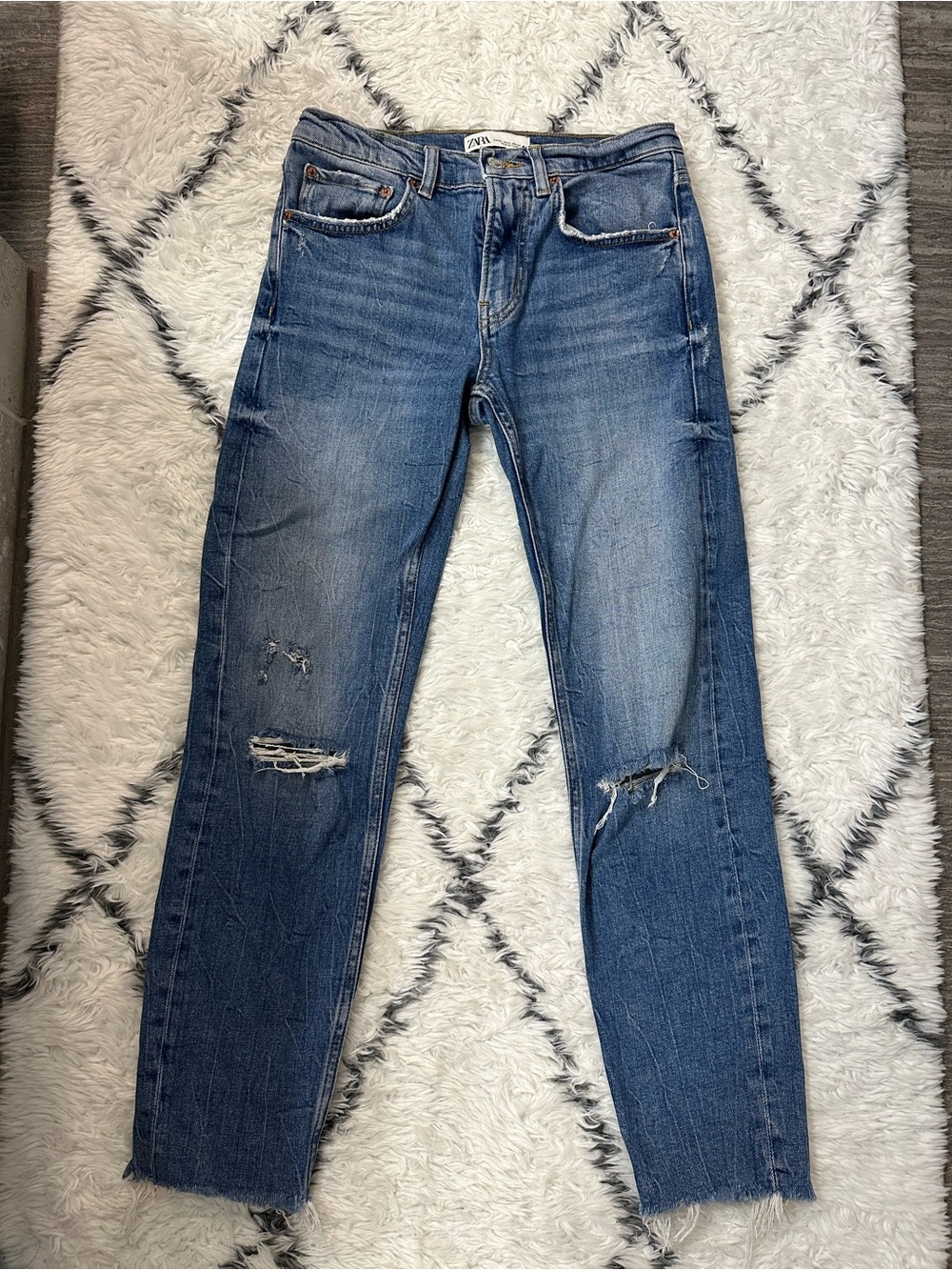 Zara Slim Straight Distressed Blue Jeans